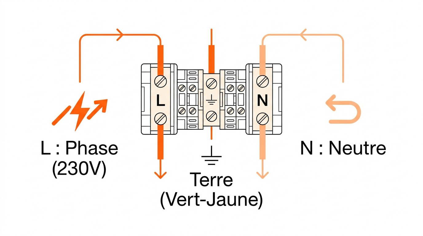 Schéma de raccordement des bornes L, N et Terre sur un bornier électrique