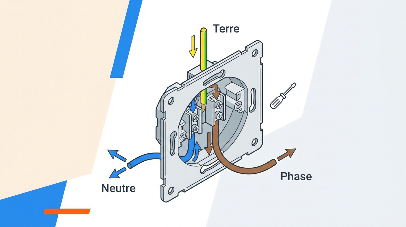 Schéma de câblage d'une prise murale avec position de la phase et du neutre