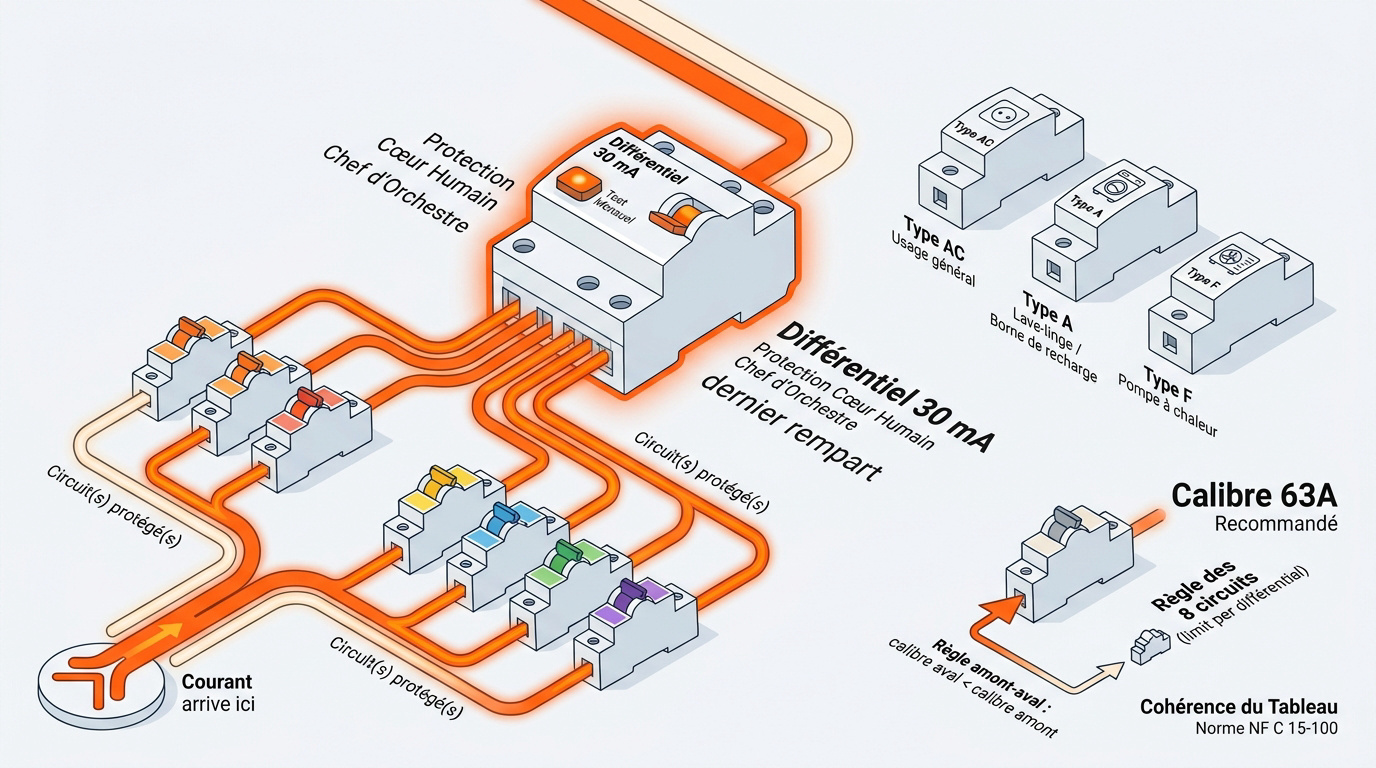 Schéma technique d'un tableau électrique secondaire avec disjoncteurs et interrupteur différentiel