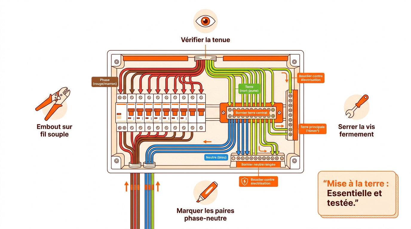 Schéma technique détaillé du raccordement des disjoncteurs et des borniers dans un tableau électrique