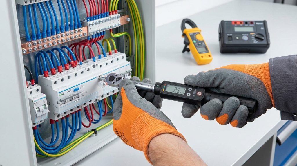 Électricien utilisant une clé dynamométrique numérique sur un tableau électrique propre et bien organisé.