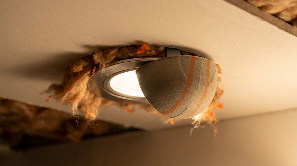 Spot encastrable au plafond protégé par une cloche thermique dans un faux-plafond isolé avec de la laine de verre.