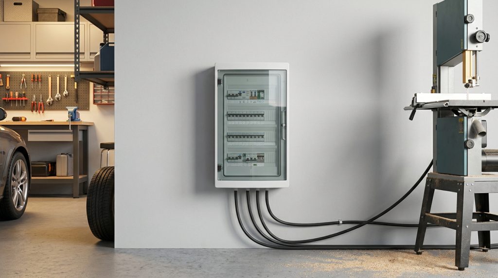 Tableau électrique avec porte transparente fixé au mur d'un atelier, alimentant une scie à ruban à proximité.