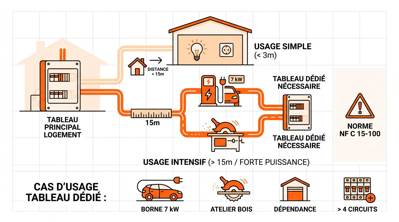 Coffret électrique étanche installé dans un garage pour alimenter un atelier et une borne de recharge