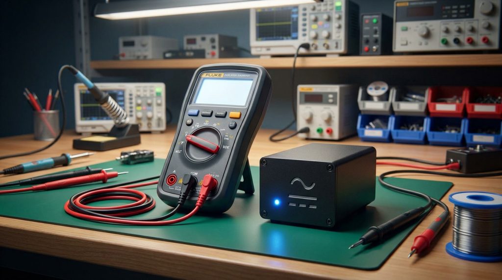 Multimètre numérique Fluke et boîtier électronique sur un établi avec des symboles de courant alternatif et continu.