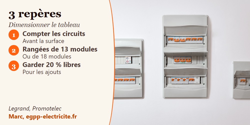 Trois coffrets d'un tableau électrique aux normes, à une, deux et trois rangées, pour dimensionner selon les circuits