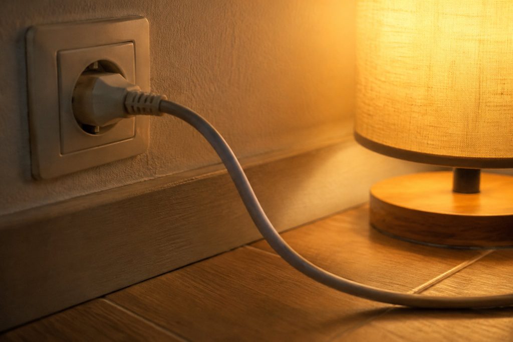 Une prise électrique murale branchée à une lampe de chevet allumée, illustrant un circuit électrique domestique simple.