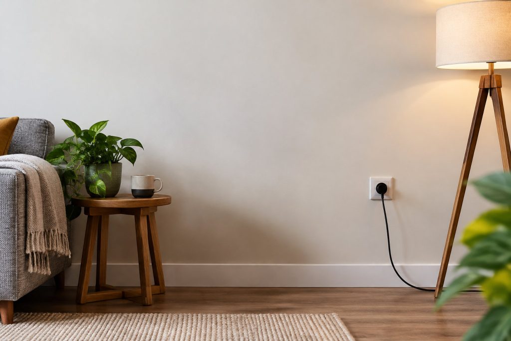 Prise électrique murale alimentant une lampe sur pied dans un salon moderne et chaleureux.