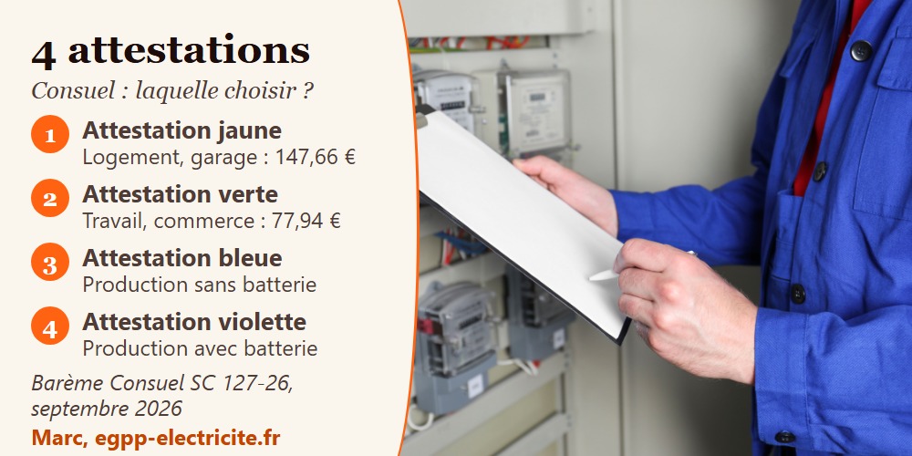 Électricien en veste de travail tenant un porte-bloc devant des compteurs, et les quatre couleurs de l'attestation Consuel
