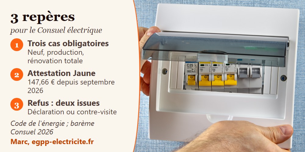 Mains posant le capot d'un tableau électrique modulaire, et trois repères du Consuel électrique : obligation, prix, refus
