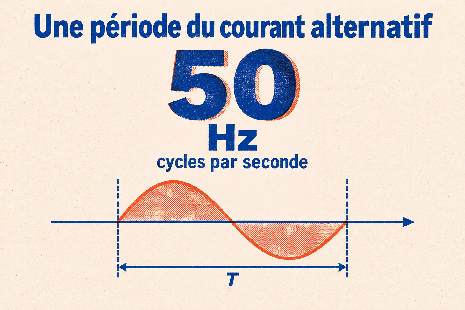 À 50 Hz, le courant alternatif effectue 50 cycles par seconde ; une période complète est marquée T sur la sinusoïde.
