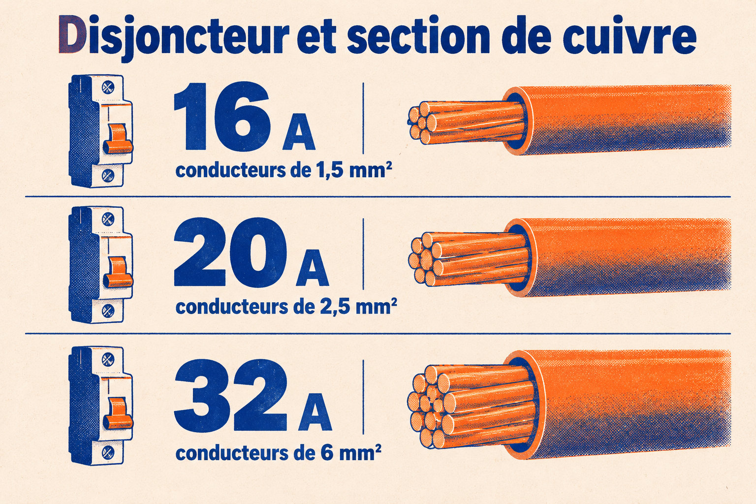 Le visuel associe un disjoncteur de 16 A à des conducteurs de 1,5 mm², un 20 A à 2,5 mm² et un 32 A à 6 mm².